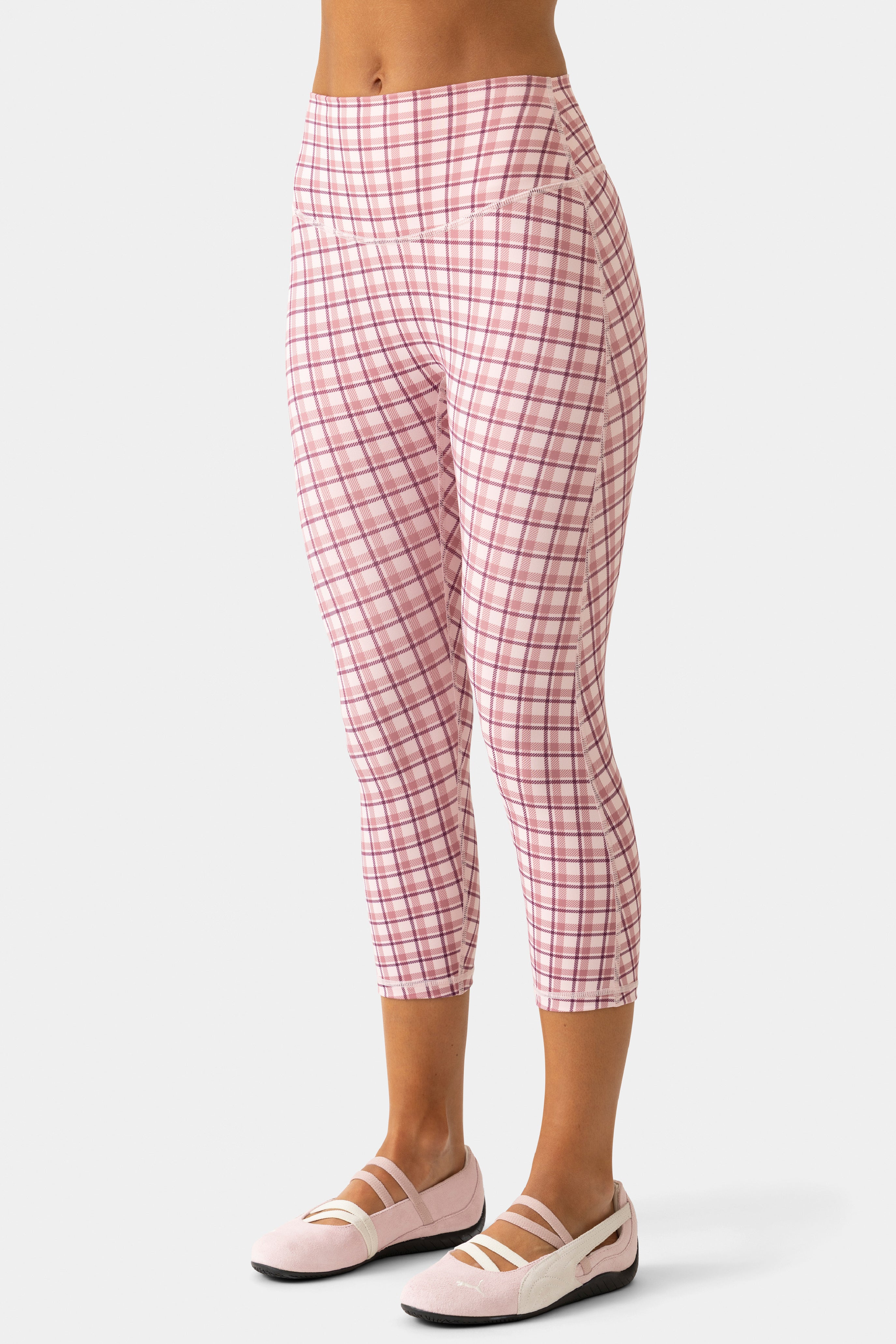 Bo+Tee retailer photo: Soft Active Capri Leggings · Berry Plaid