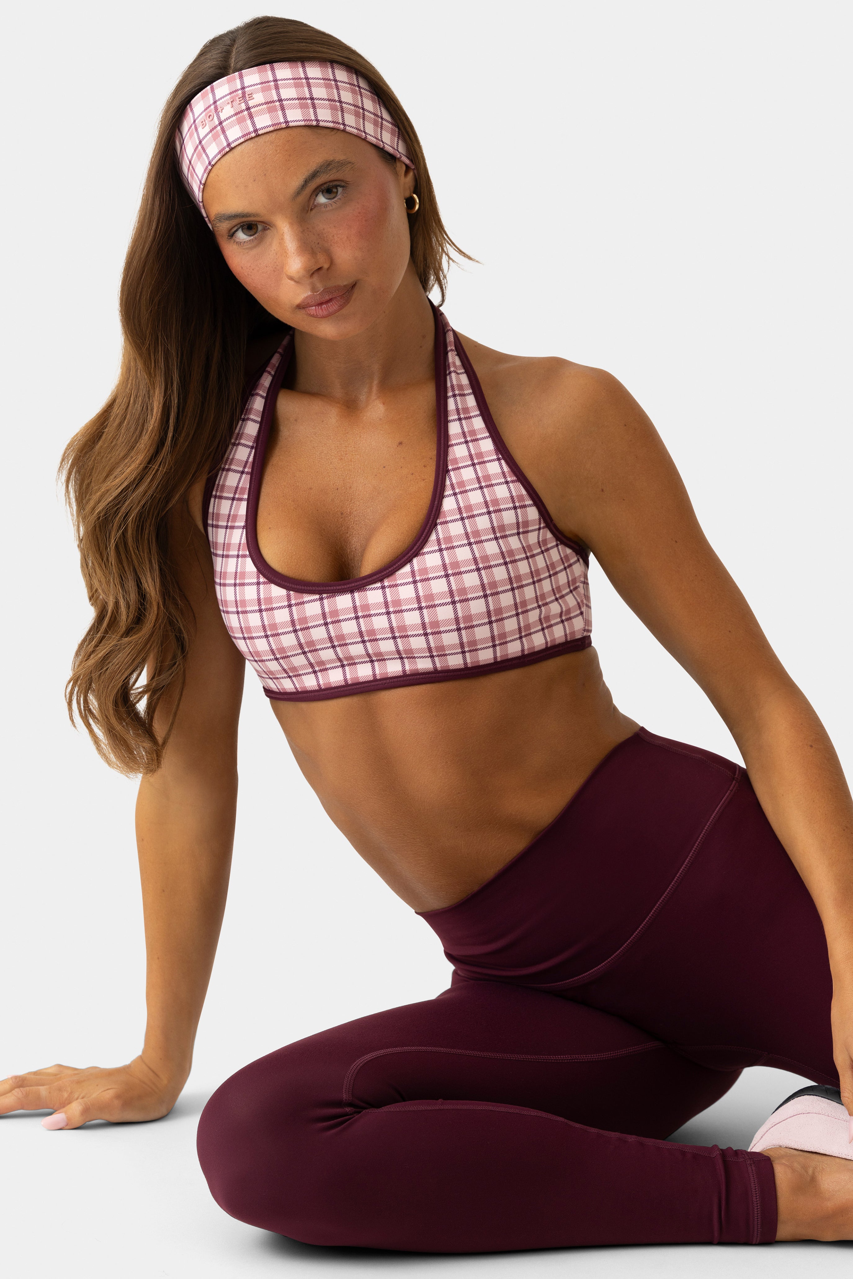 Bo+Tee retailer photo: Soft Active Reversible Sports Bra · Berry Plaid