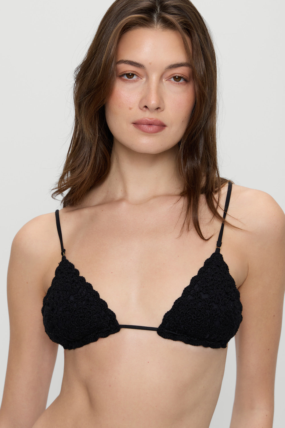 Frankies Bikinis retailer photo: Elena Crochet Shine Bikini Top · Black