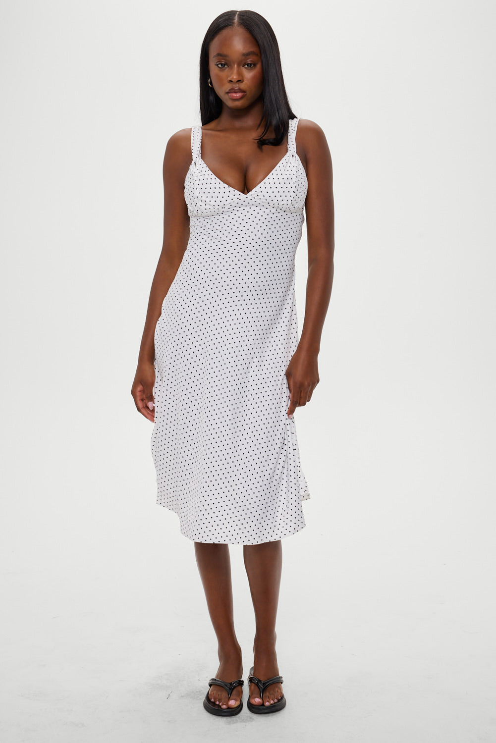 Aurora Satin Midi Dress · White Polka Dot